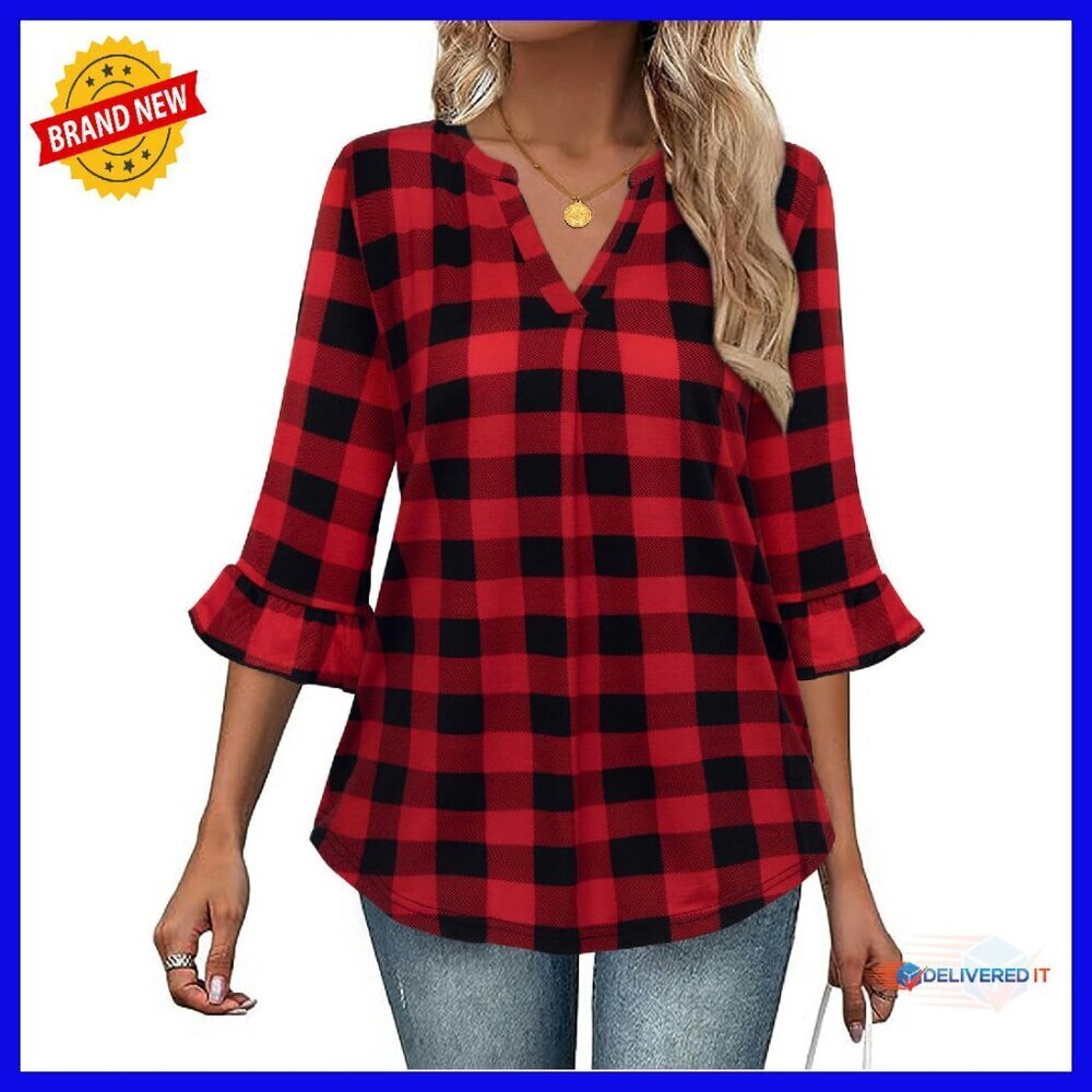 3/4 Sleeve V-Neck Tunic Blouse Business Casual Work Top Cotton Polyester